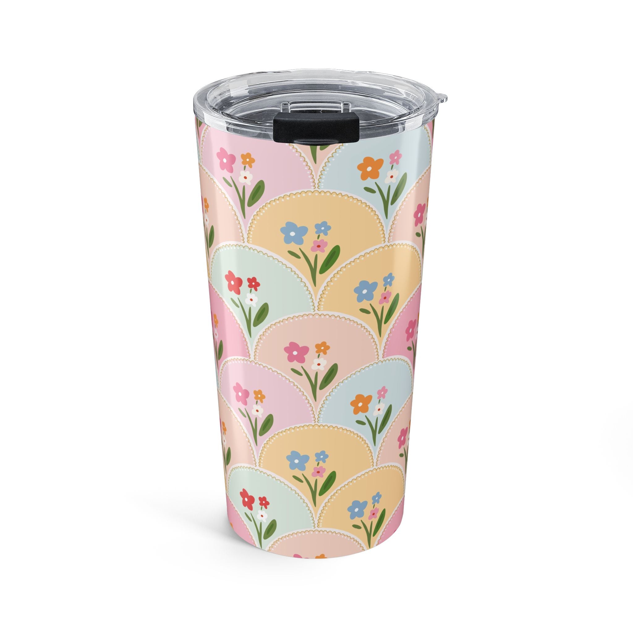 Floral Scallop 20oz Tumbler — Pastel Vintage Flower Pattern Travel Mug