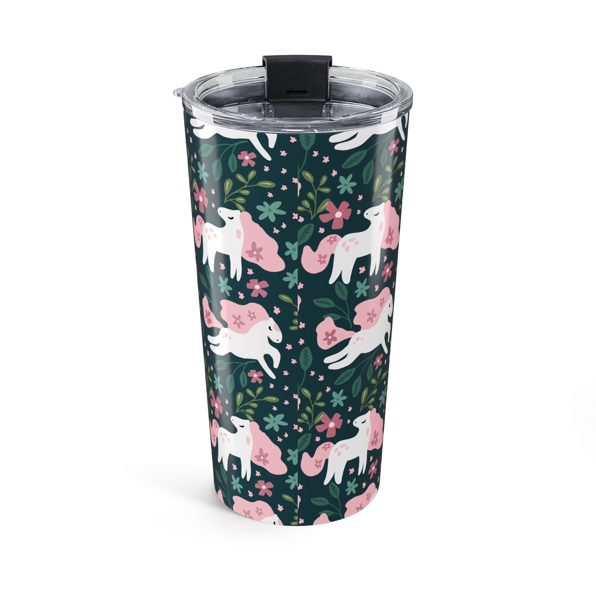 Unicorn Floral 20oz Tumbler — Cute Pink Unicorns on Dark Green